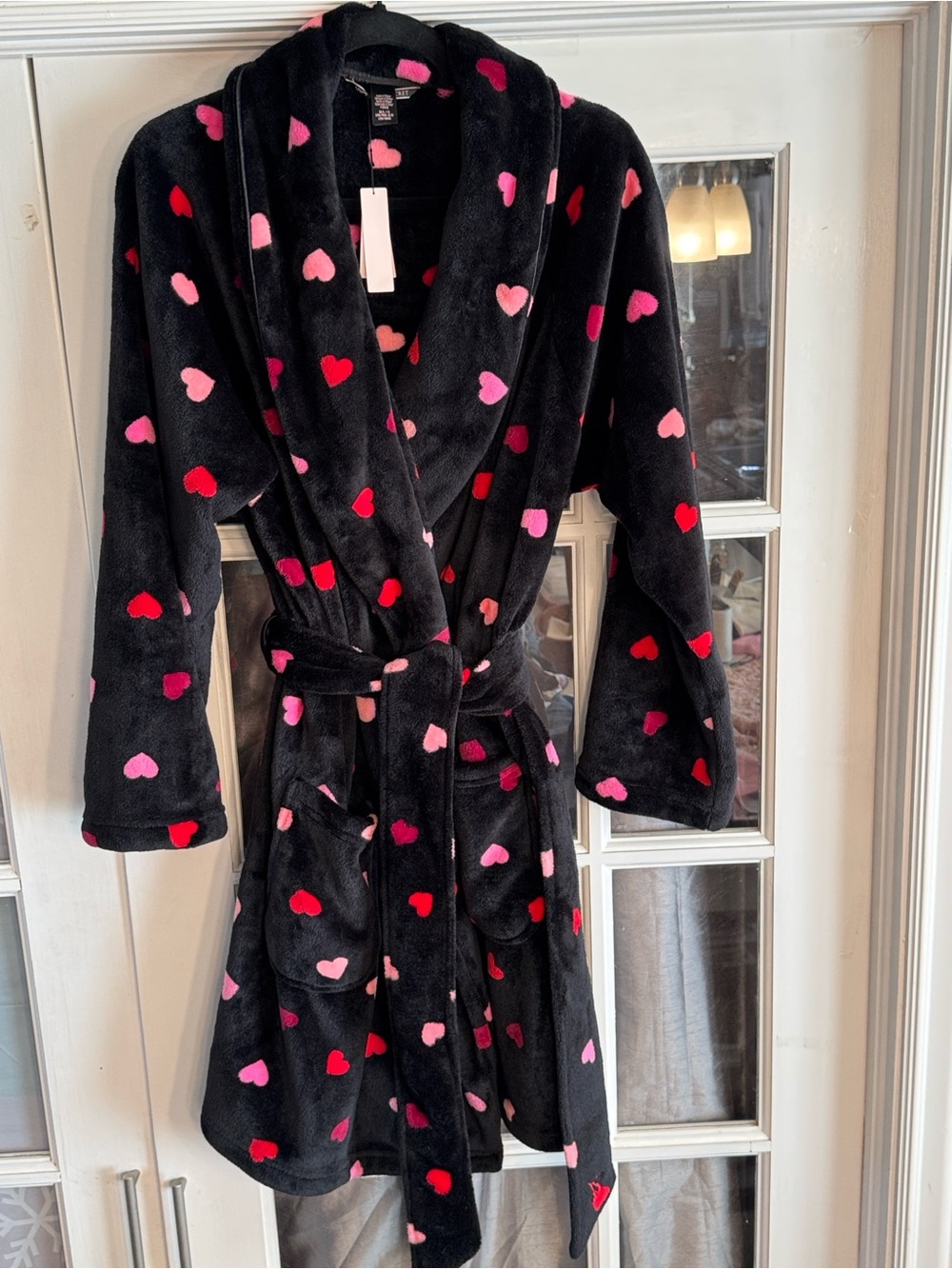 New Victoria's Secret Short Cozy Robe Black with Hearts M/L